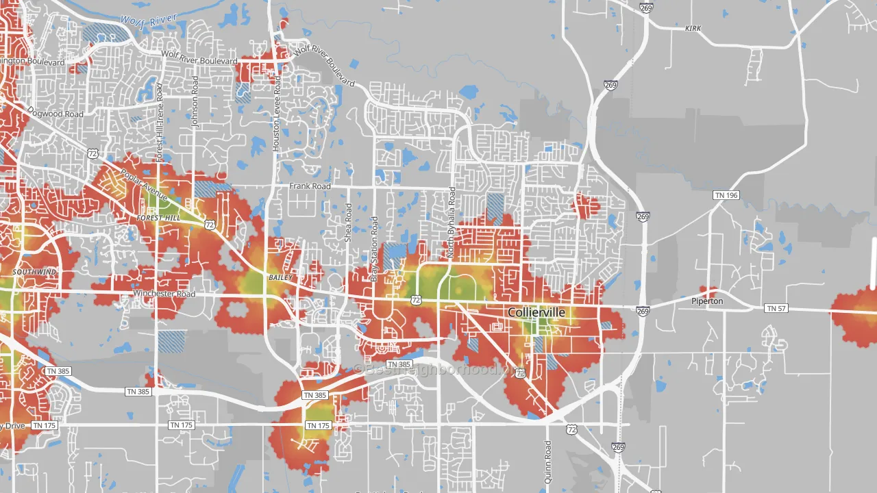 Walk Grade map of Collierville, TN, walkable areas in green and car-dependent areas in red