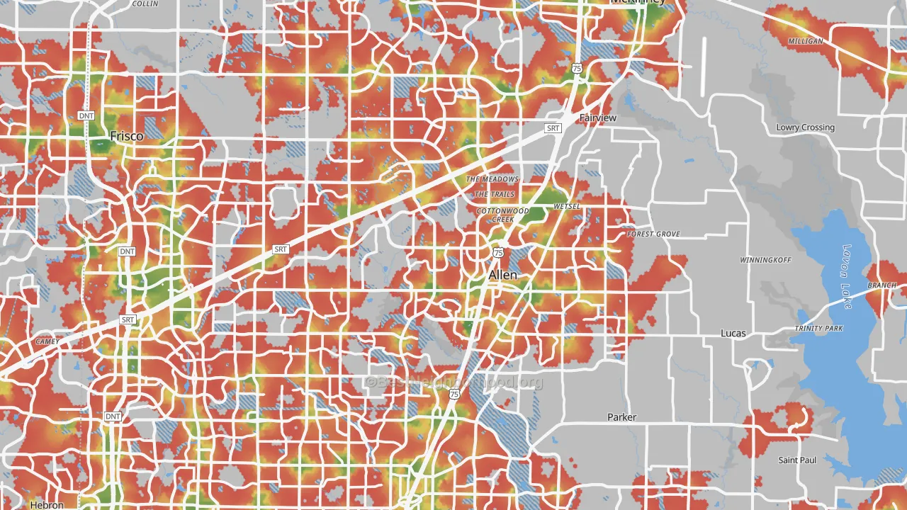 Walk Grade map of Collin County, TX, walkable areas in green and car-dependent areas in red