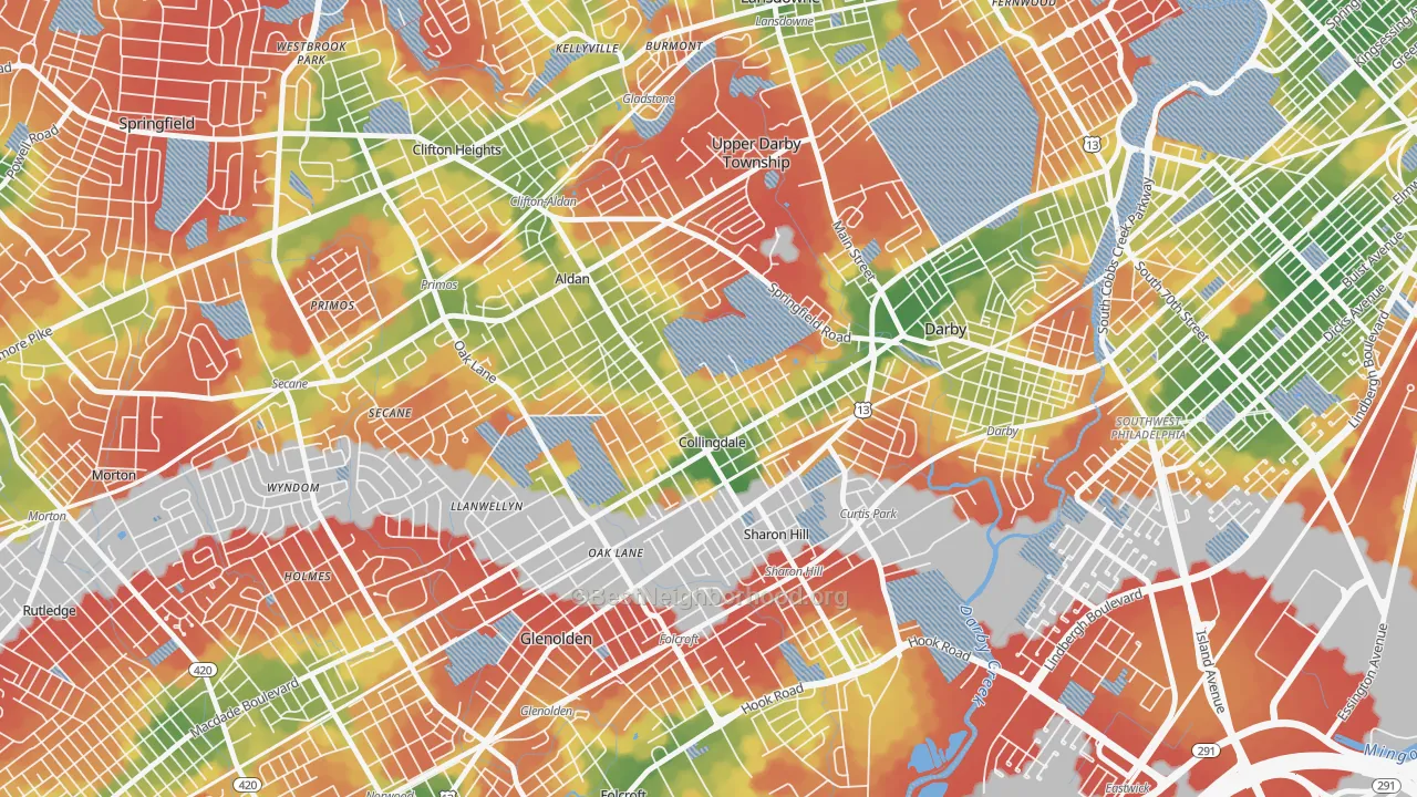 Walk Grade map of Collingdale, PA, walkable areas in green and car-dependent areas in red