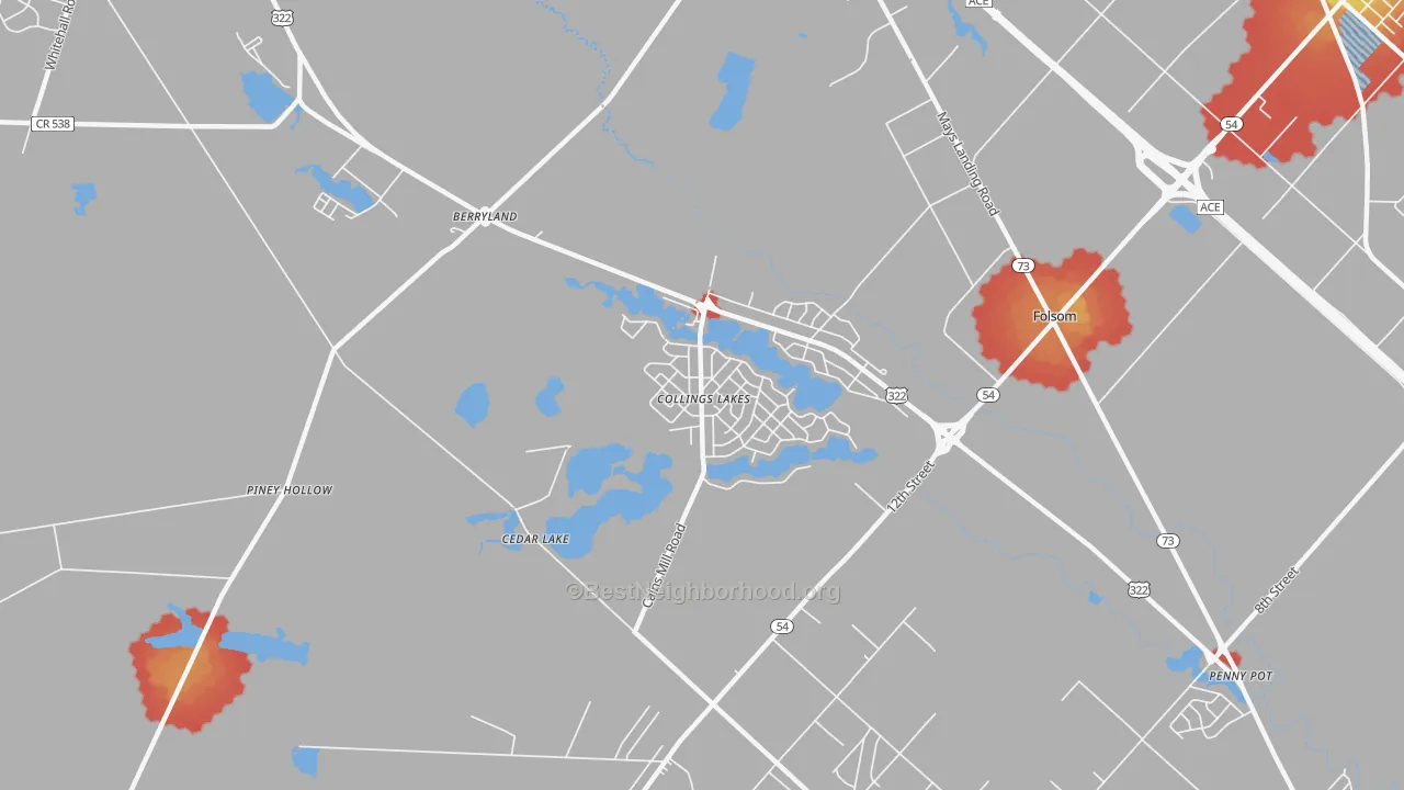 Walk Grade map of Collings Lakes, NJ, walkable areas in green and car-dependent areas in red