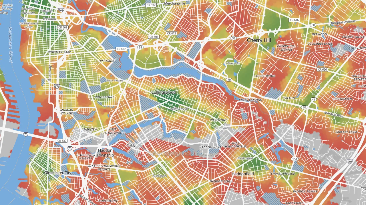 Walk Grade map of Collingswood, NJ, walkable areas in green and car-dependent areas in red
