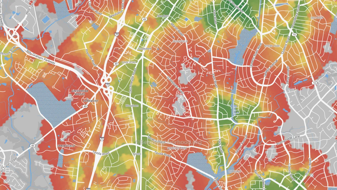 Walk Grade map of Collingwood, Charlotte, NC, walkable areas in green and car-dependent areas in red