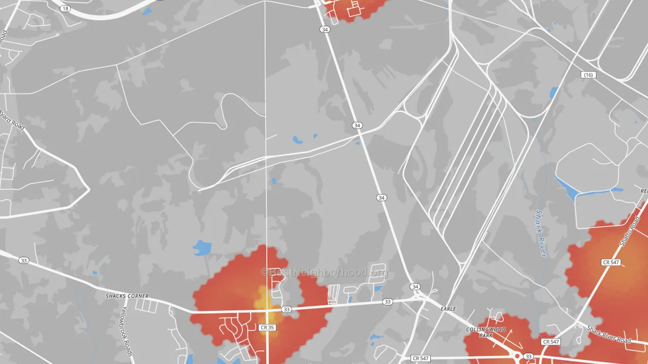 Walk Grade map of Collingwood Park, NJ, walkable areas in green and car-dependent areas in red