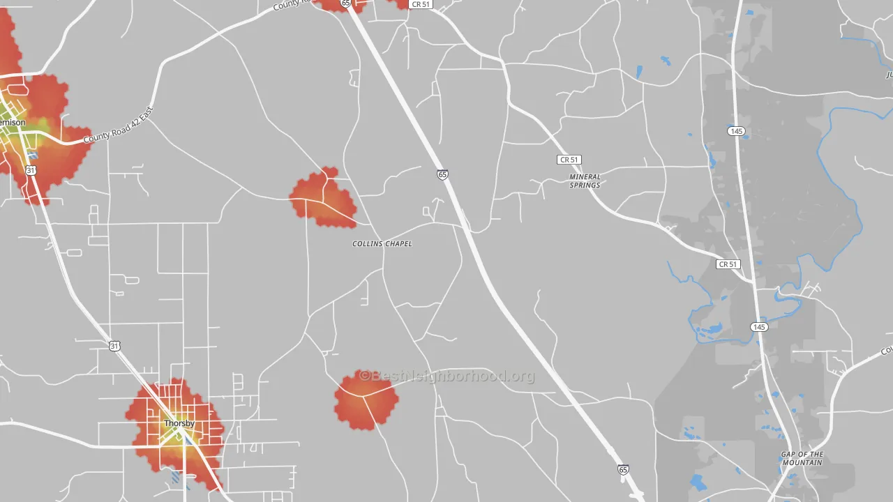 Walk Grade map of Collins Chapel, AL, walkable areas in green and car-dependent areas in red