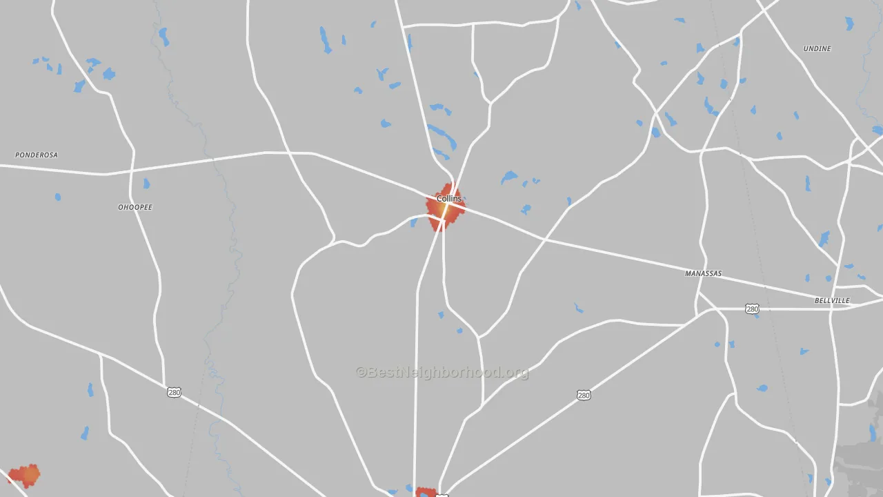 Walk Grade map of Collins, GA, walkable areas in green and car-dependent areas in red