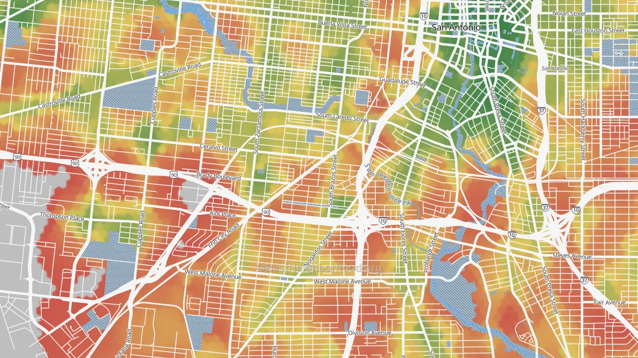 Walk Grade map of Collins Gardens, San Antonio, TX, walkable areas in green and car-dependent areas in red