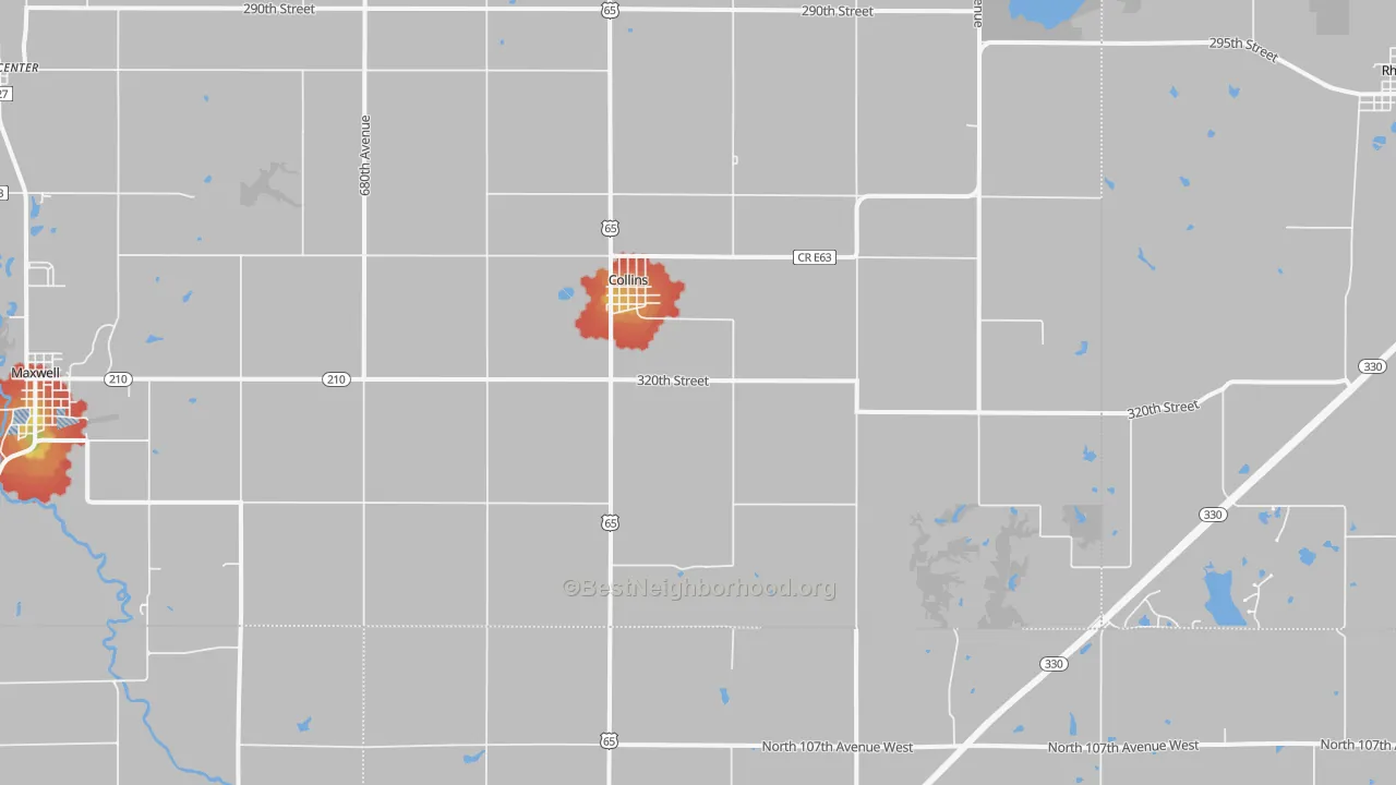 Walk Grade map of Collins, IA, walkable areas in green and car-dependent areas in red