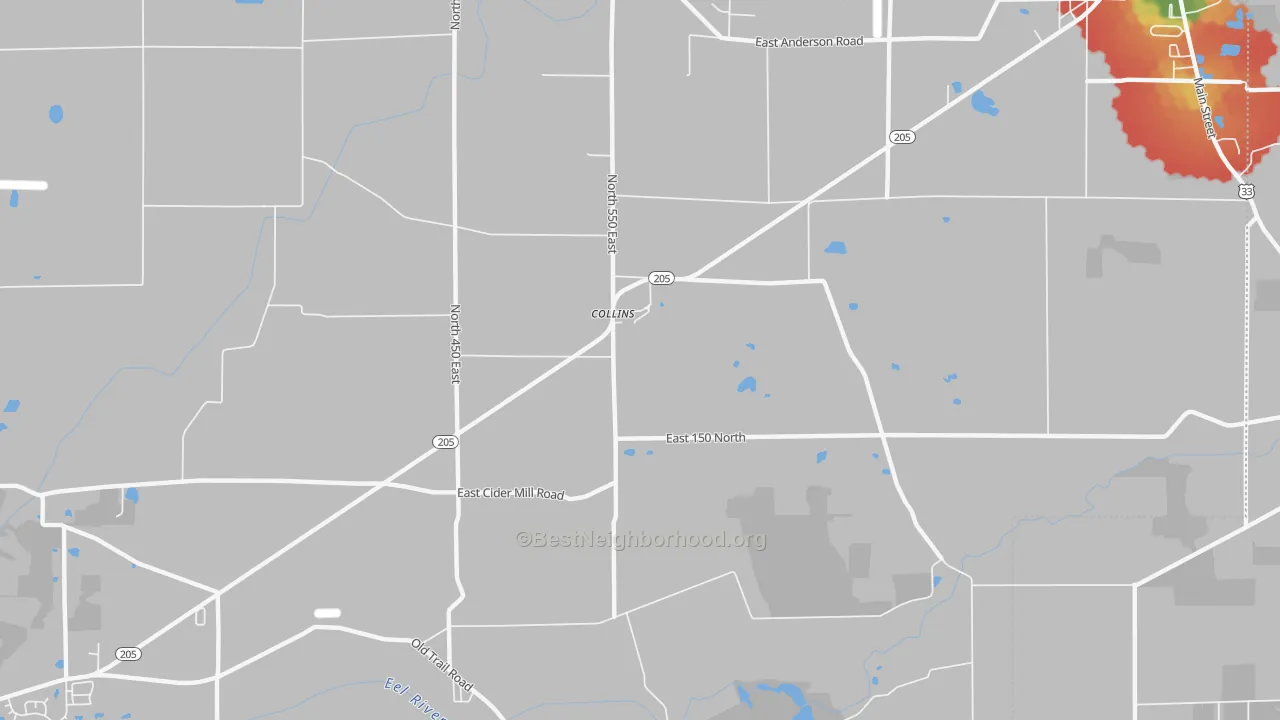 Walk Grade map of Collins, IN, walkable areas in green and car-dependent areas in red