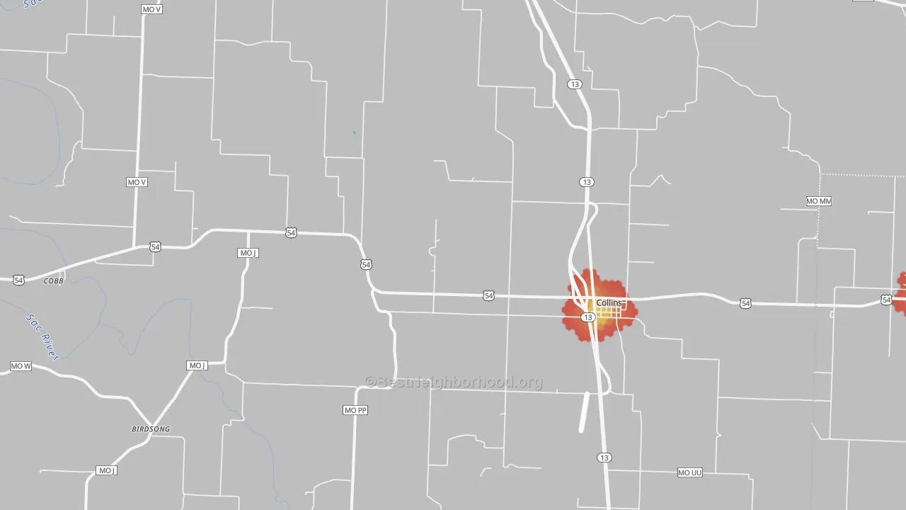 Walk Grade map of Collins, MO, walkable areas in green and car-dependent areas in red