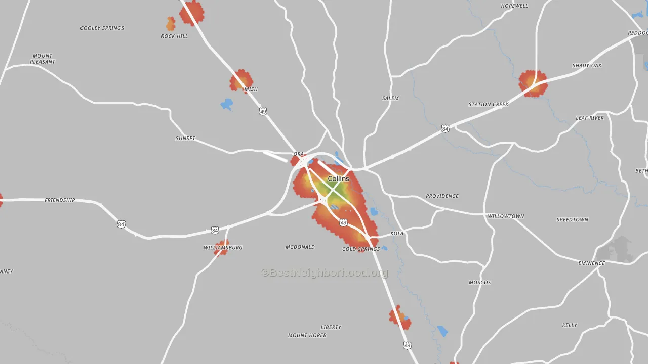 Walk Grade map of Collins, MS, walkable areas in green and car-dependent areas in red