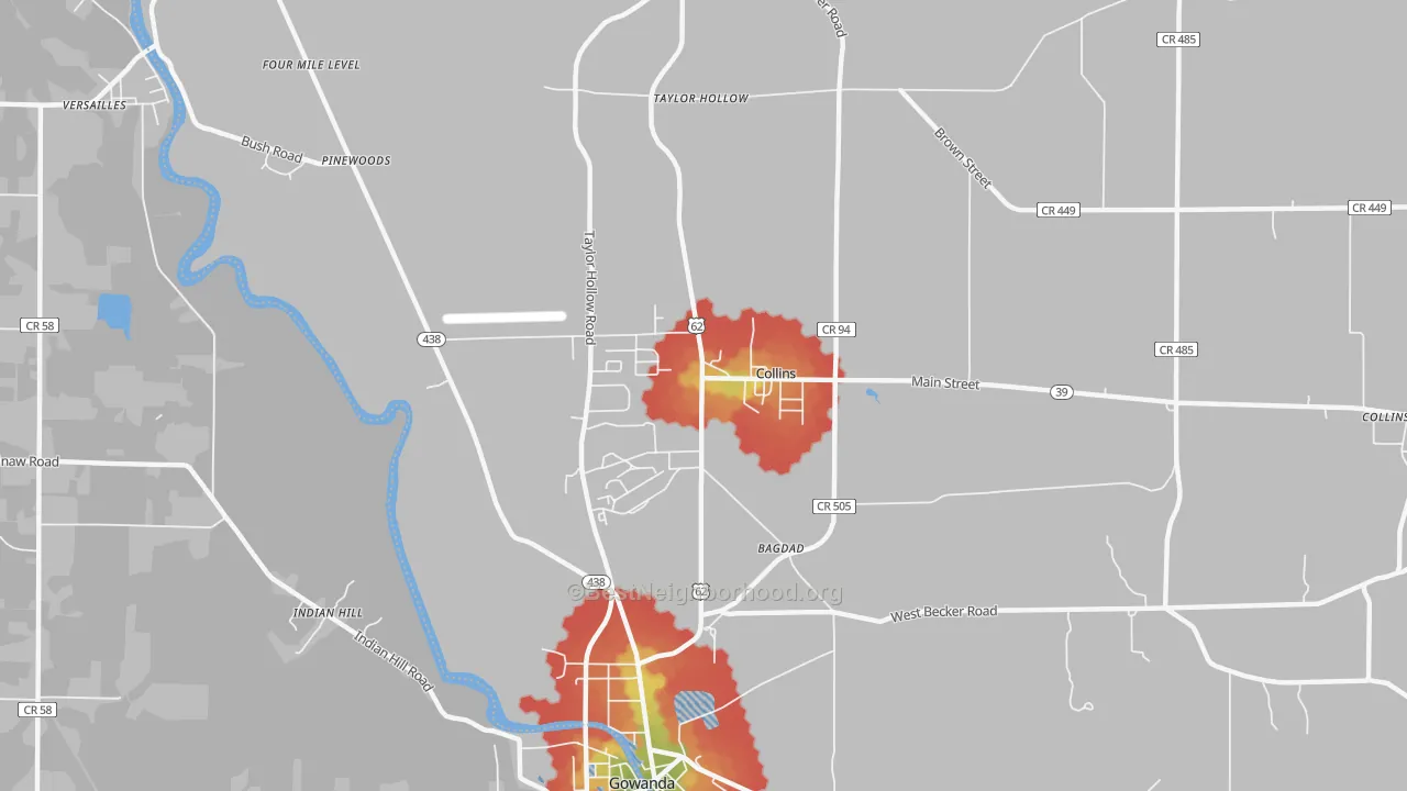 Walk Grade map of Collins, NY, walkable areas in green and car-dependent areas in red