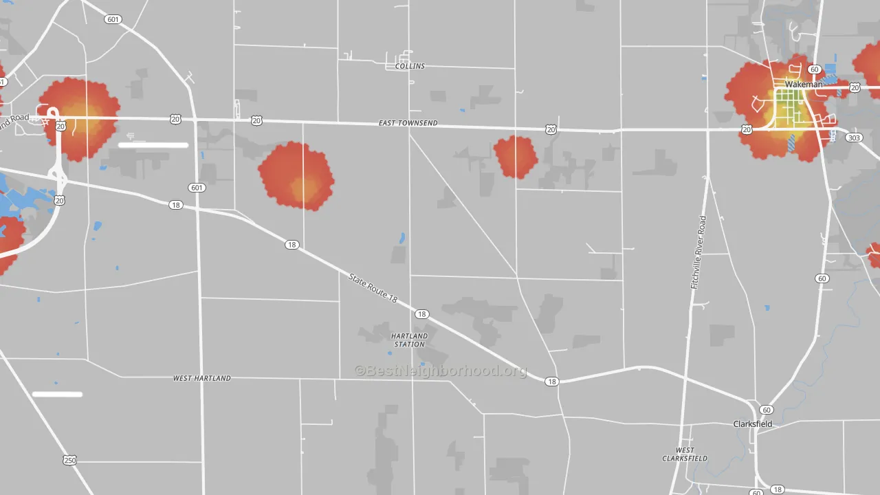 Walk Grade map of Collins, OH, walkable areas in green and car-dependent areas in red