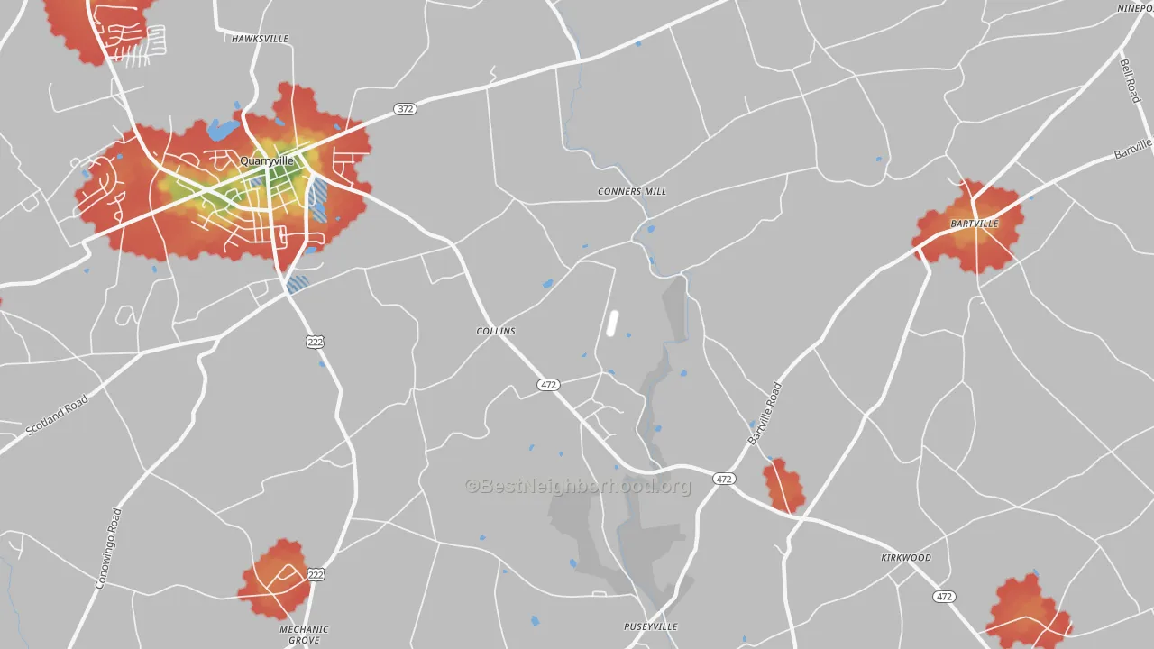 Walk Grade map of Collins, PA, walkable areas in green and car-dependent areas in red