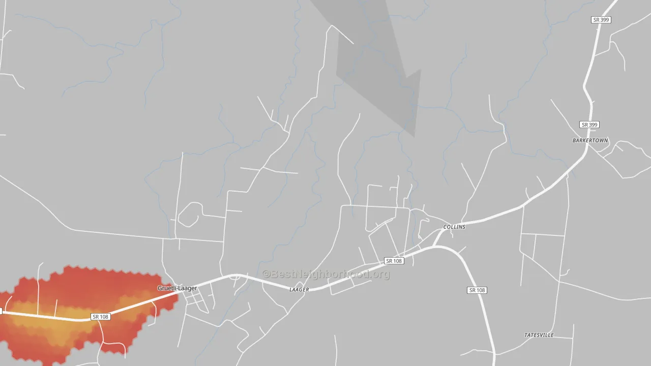 Walk Grade map of Collins, TN, walkable areas in green and car-dependent areas in red