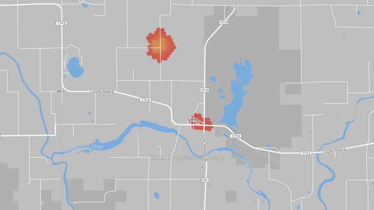 Walk Grade map of Collins, WI, walkable areas in green and car-dependent areas in red