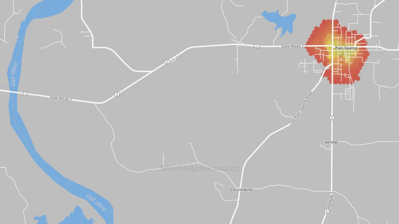Walk Grade map of Collinsburg, LA, walkable areas in green and car-dependent areas in red