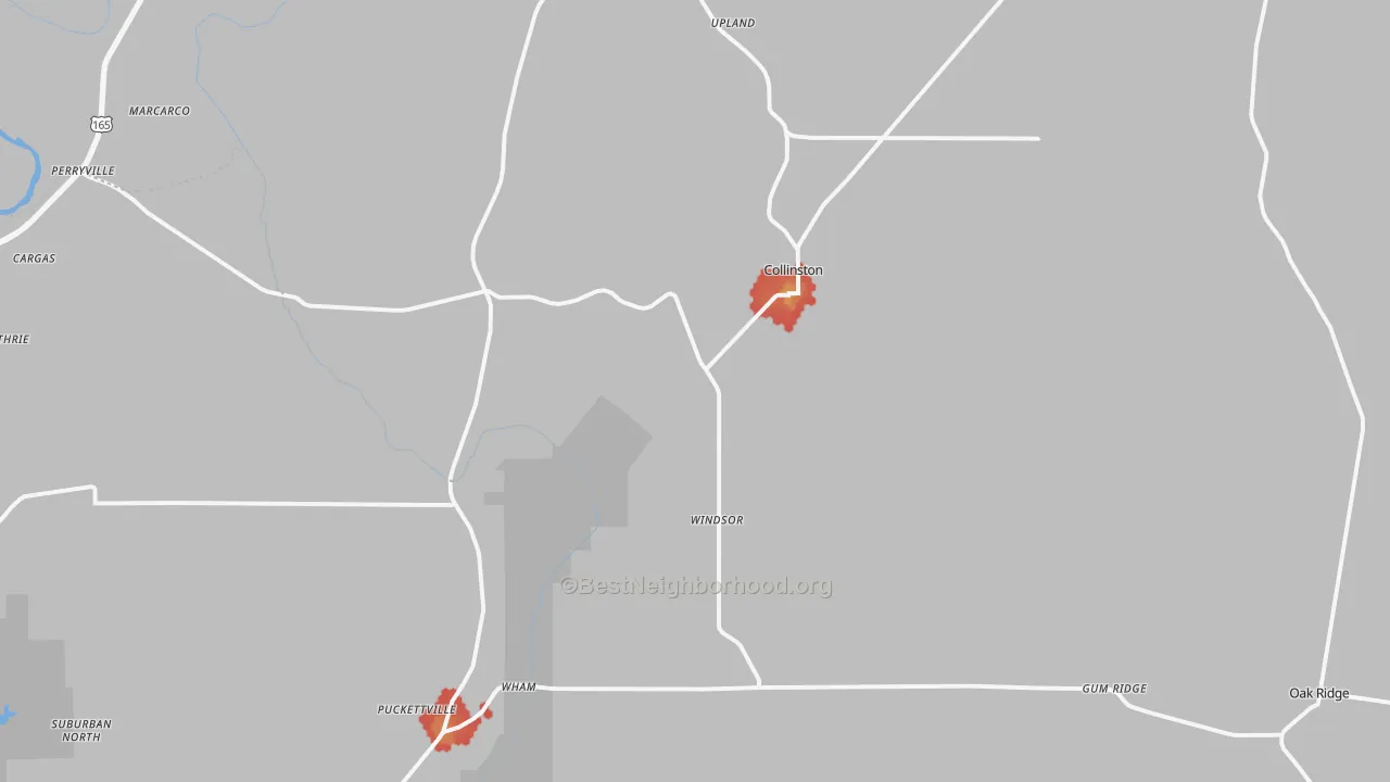 Walk Grade map of Collinston, LA, walkable areas in green and car-dependent areas in red