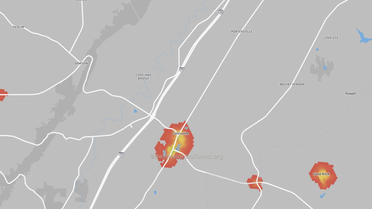 Walk Grade map of Collinsville, AL, walkable areas in green and car-dependent areas in red