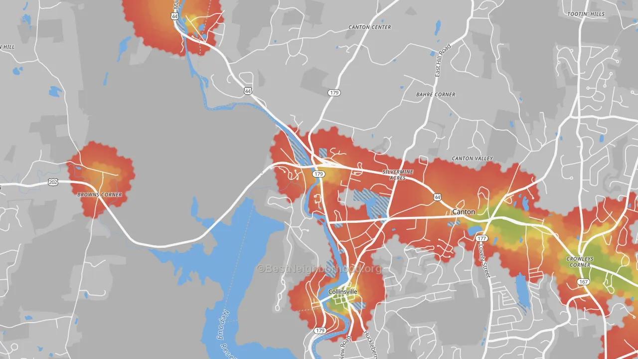 Walk Grade map of Collinsville, CT, walkable areas in green and car-dependent areas in red