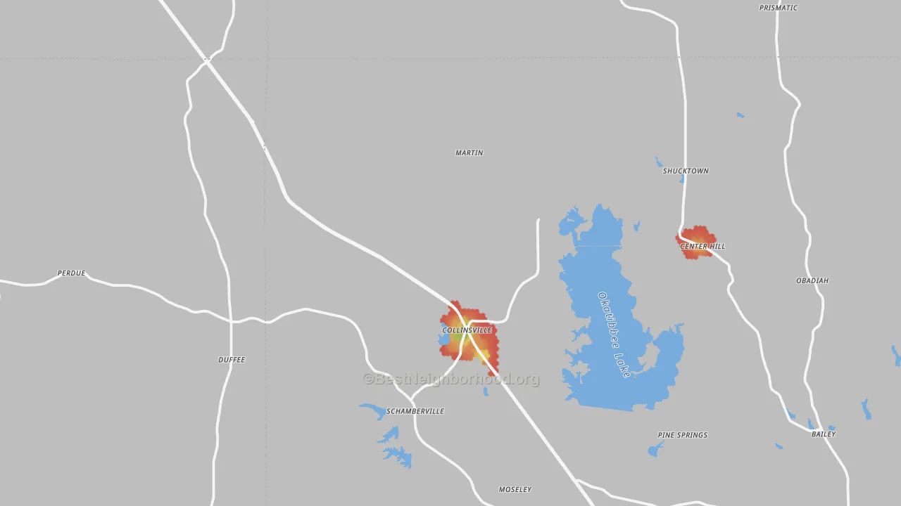 Walk Grade map of Collinsville, MS, walkable areas in green and car-dependent areas in red