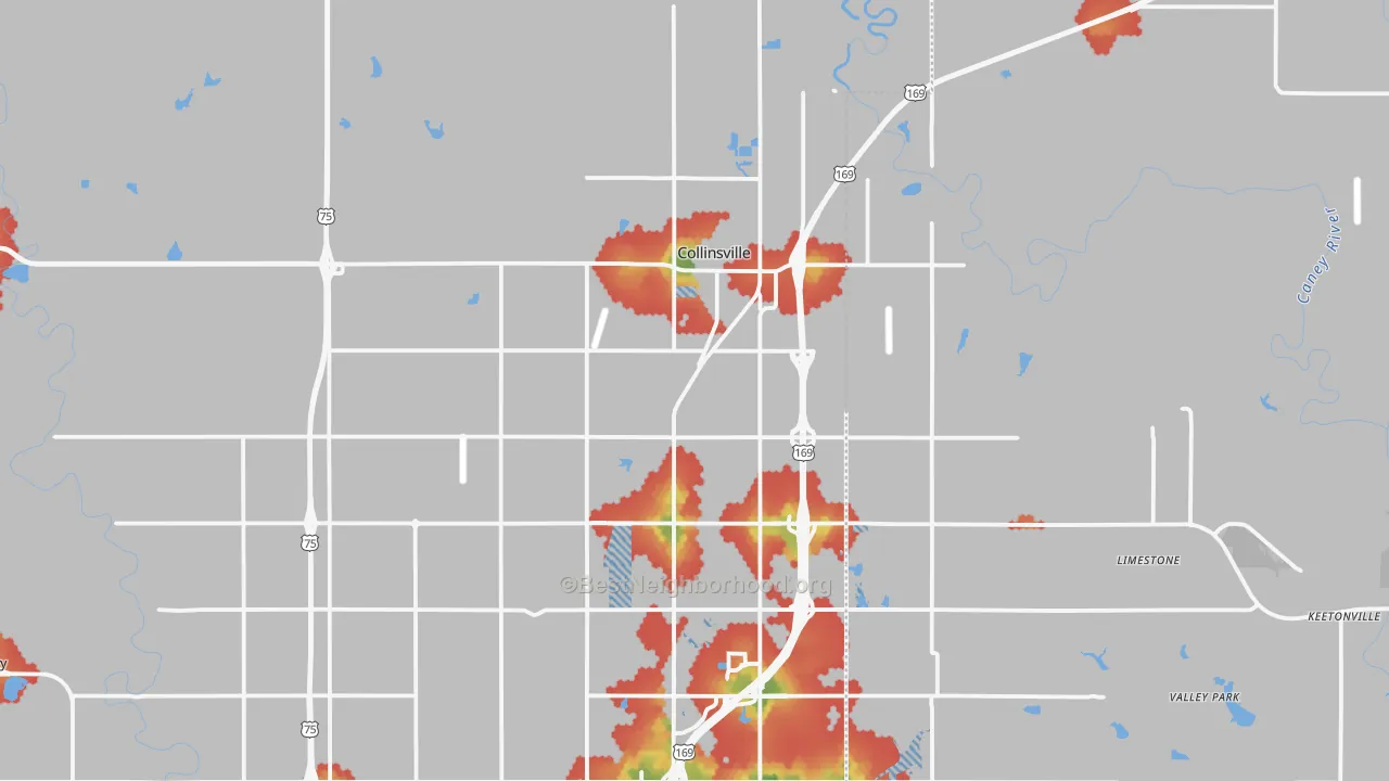 Walk Grade map of Collinsville, OK, walkable areas in green and car-dependent areas in red