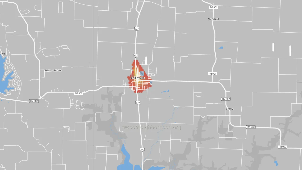 Walk Grade map of Collinsville, TX, walkable areas in green and car-dependent areas in red