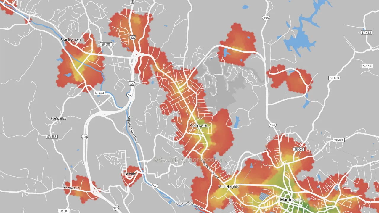 Walk Grade map of Collinsville, VA, walkable areas in green and car-dependent areas in red