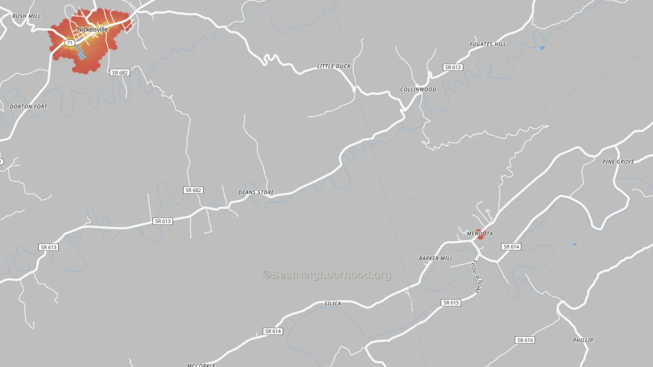 Walk Grade map of Collinwood, VA, walkable areas in green and car-dependent areas in red