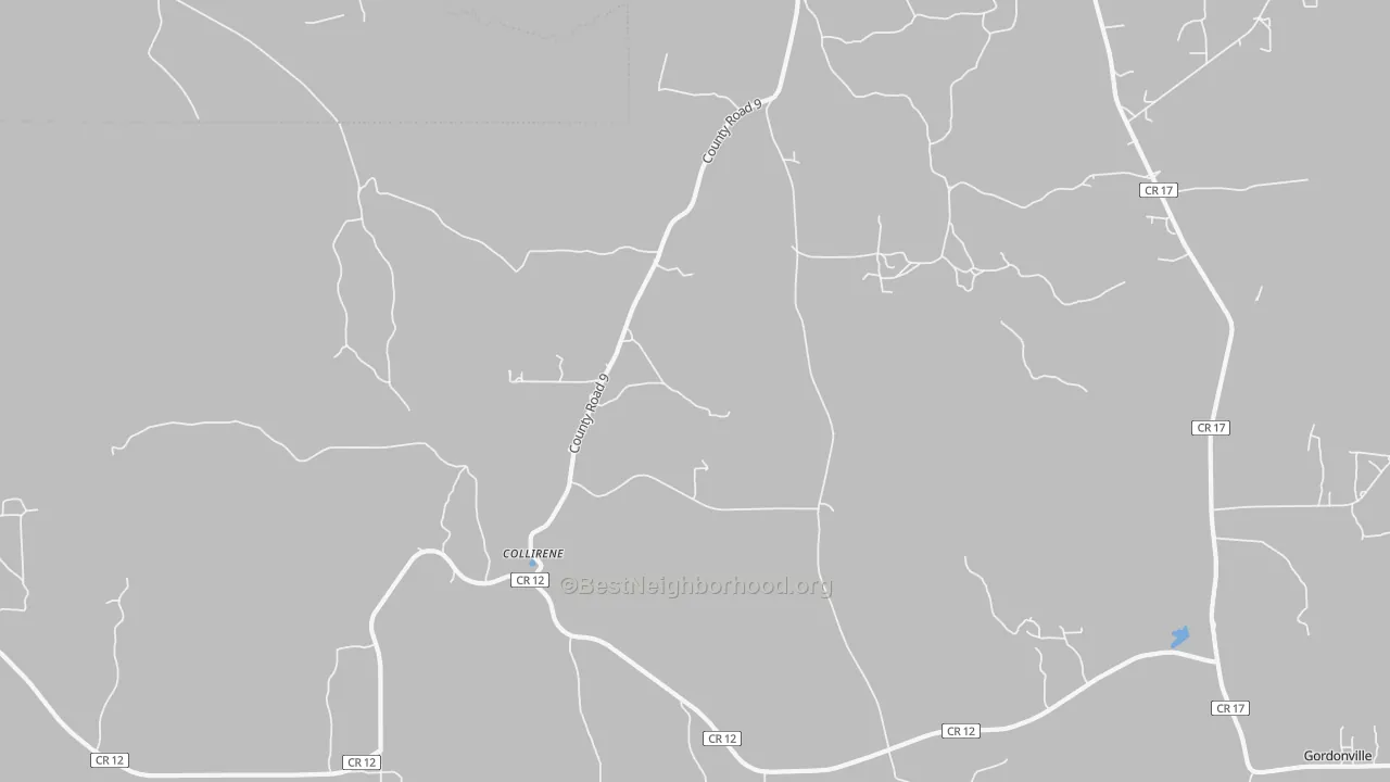 Walk Grade map of Collirene, AL, walkable areas in green and car-dependent areas in red