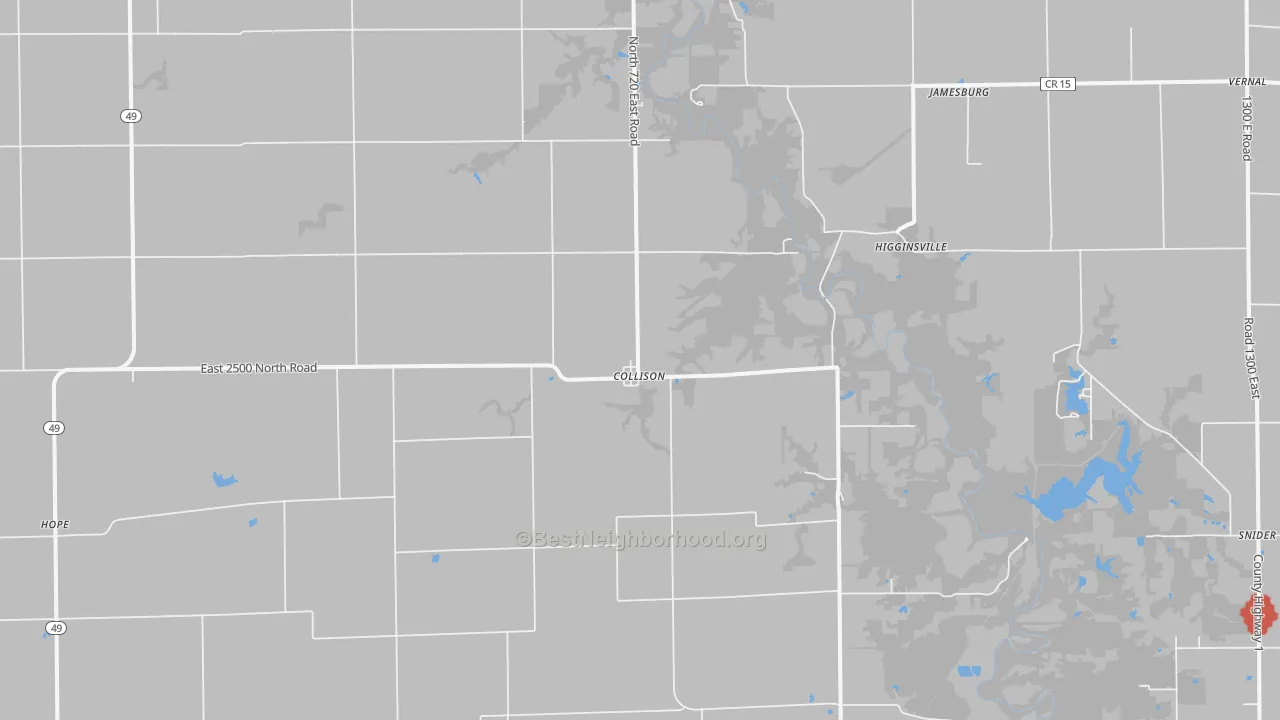 Walk Grade map of Collison, IL, walkable areas in green and car-dependent areas in red