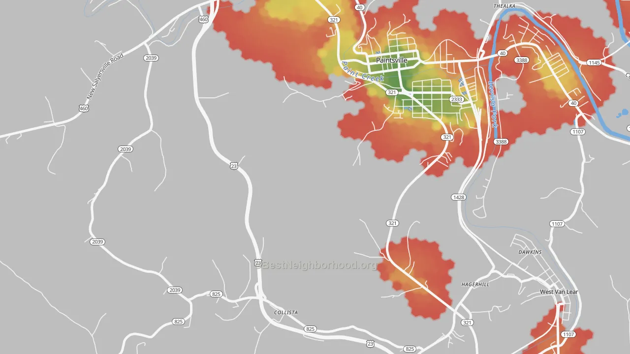 Walk Grade map of Collista, KY, walkable areas in green and car-dependent areas in red
