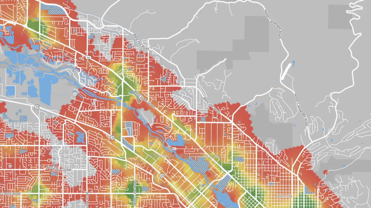 Walk Grade map of Collister, Boise, ID, walkable areas in green and car-dependent areas in red