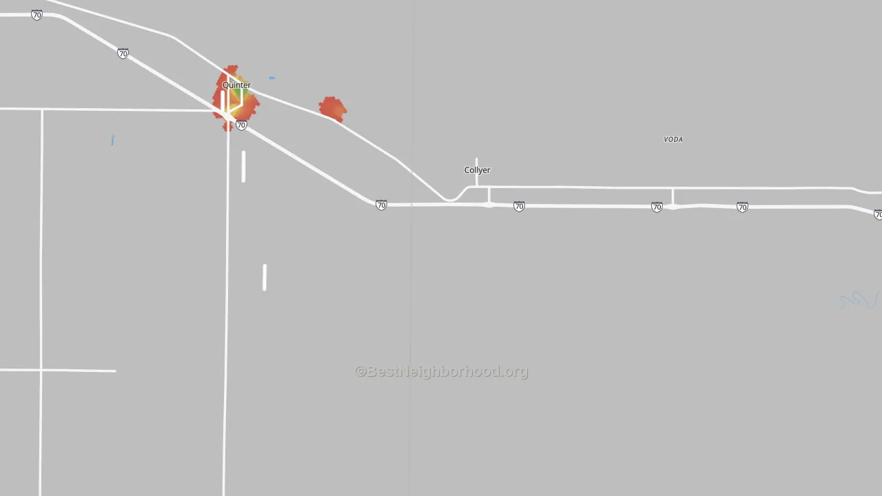 Walk Grade map of Collyer, KS, walkable areas in green and car-dependent areas in red
