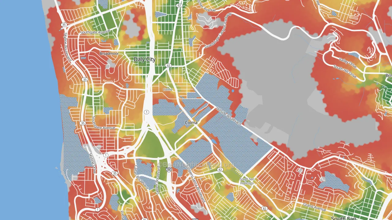 Walk Grade map of Colma, CA, walkable areas in green and car-dependent areas in red