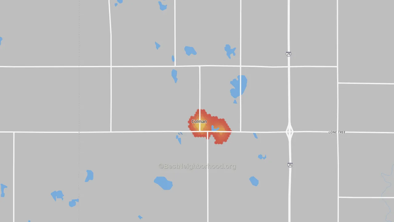 Walk Grade map of Colman, SD, walkable areas in green and car-dependent areas in red