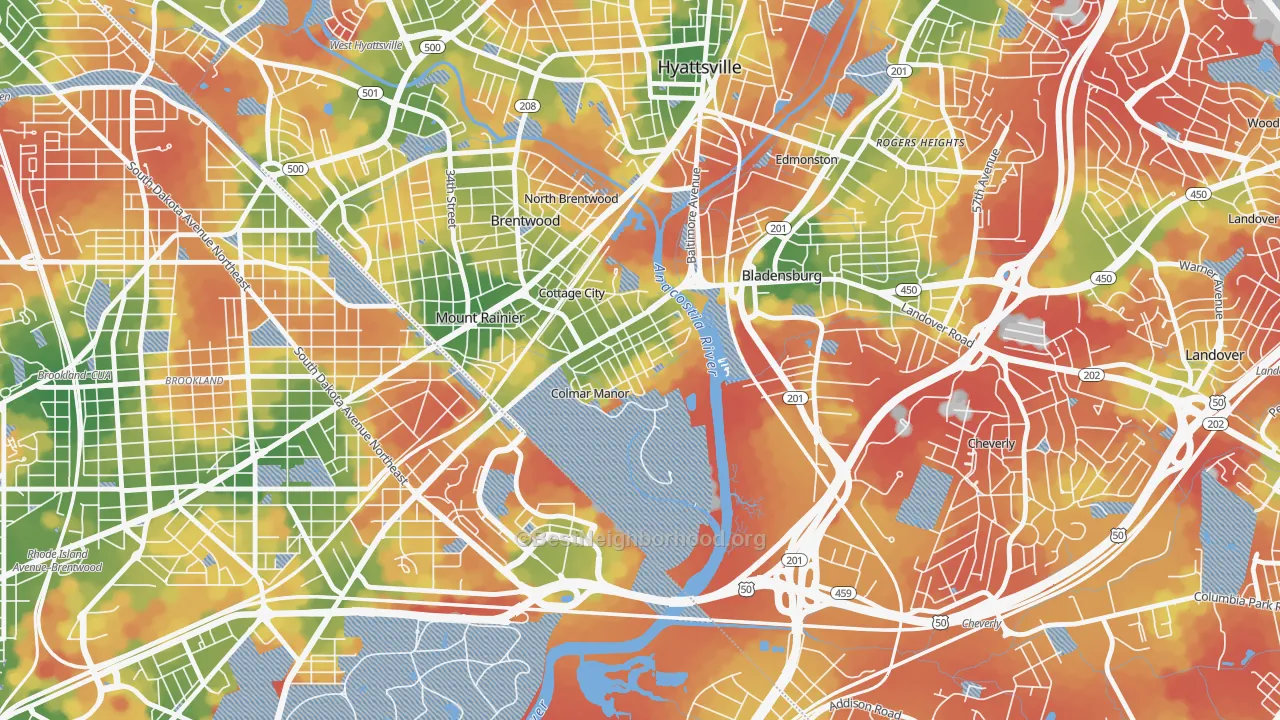 Walk Grade map of Colmar Manor, MD, walkable areas in green and car-dependent areas in red