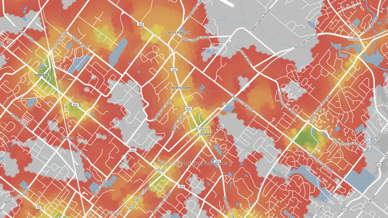 Walk Grade map of Colmar, PA, walkable areas in green and car-dependent areas in red