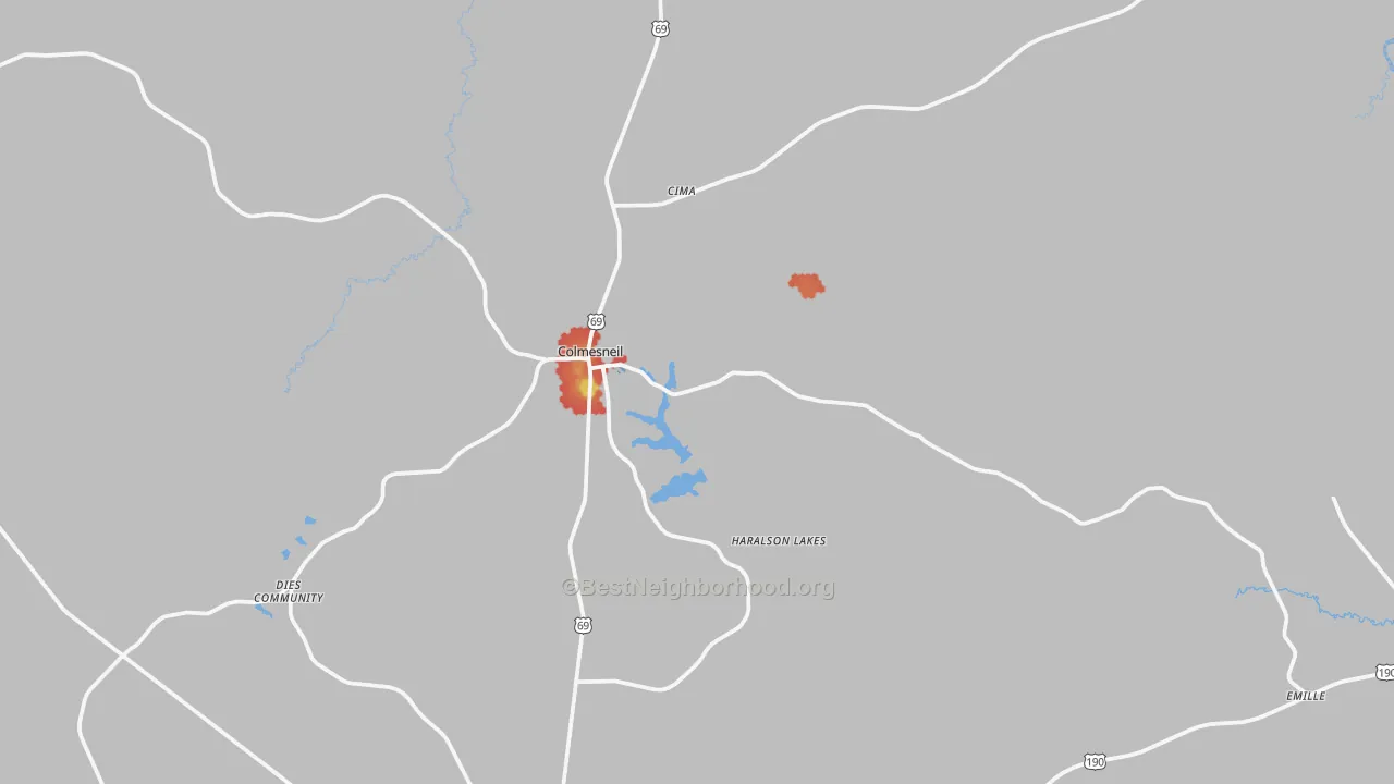 Walk Grade map of Colmesneil, TX, walkable areas in green and car-dependent areas in red