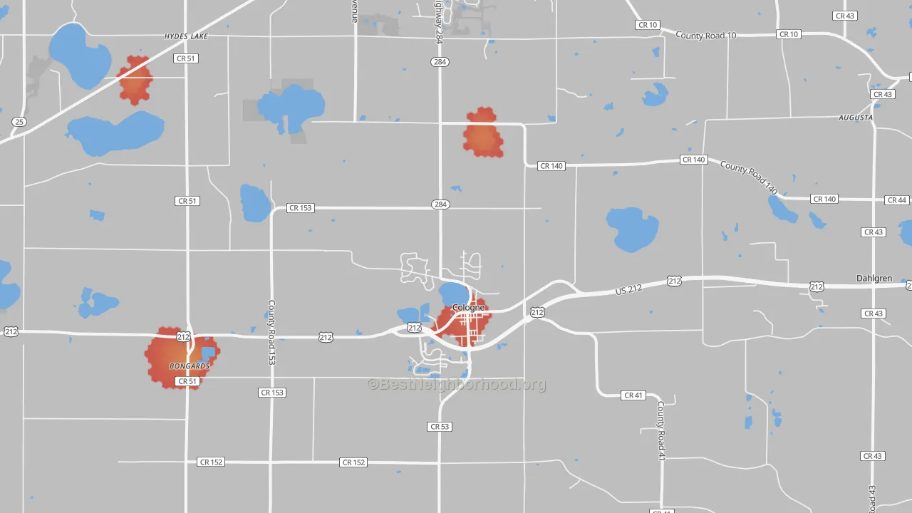 Walk Grade map of Cologne, MN, walkable areas in green and car-dependent areas in red