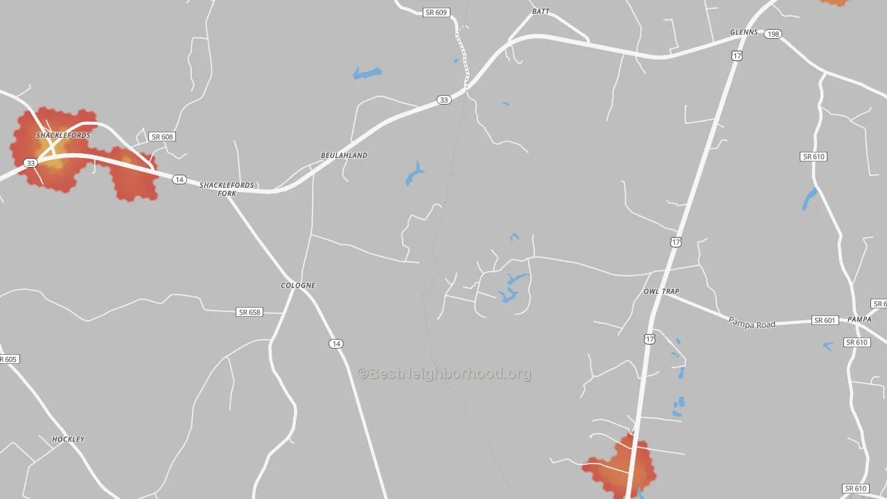 Walk Grade map of Cologne, VA, walkable areas in green and car-dependent areas in red