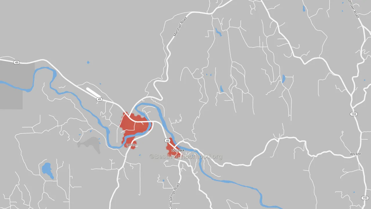 Walk Grade map of Coloma, CA, walkable areas in green and car-dependent areas in red
