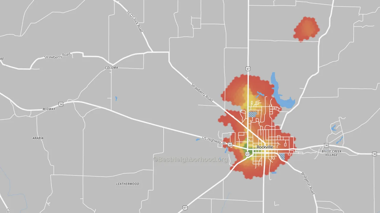 Walk Grade map of Coloma, IN, walkable areas in green and car-dependent areas in red