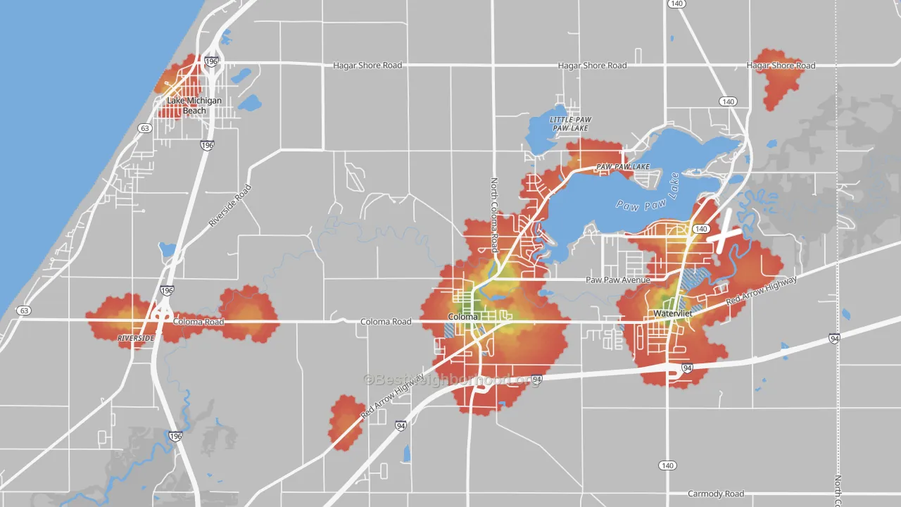 Walk Grade map of Coloma, MI, walkable areas in green and car-dependent areas in red