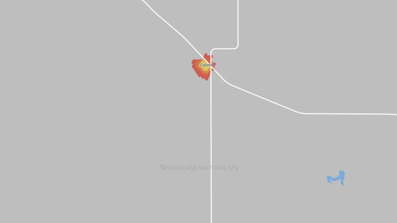 Walk Grade map of Colome, SD, walkable areas in green and car-dependent areas in red