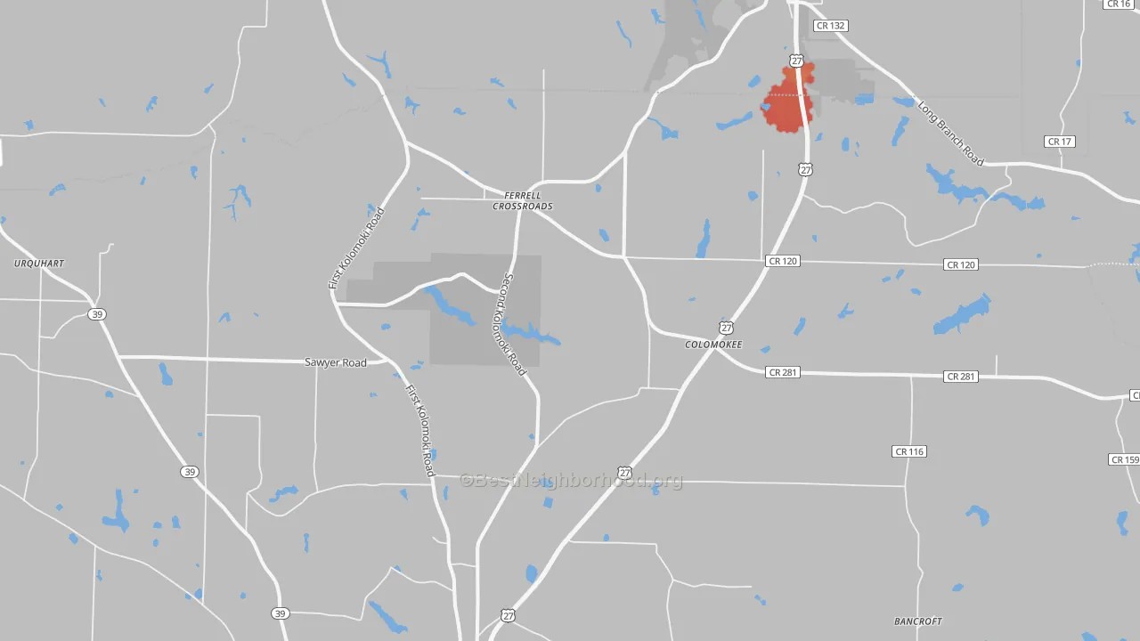 Walk Grade map of Colomokee, GA, walkable areas in green and car-dependent areas in red