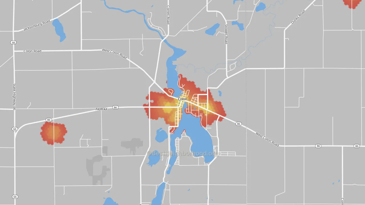 Walk Grade map of Colon, MI, walkable areas in green and car-dependent areas in red