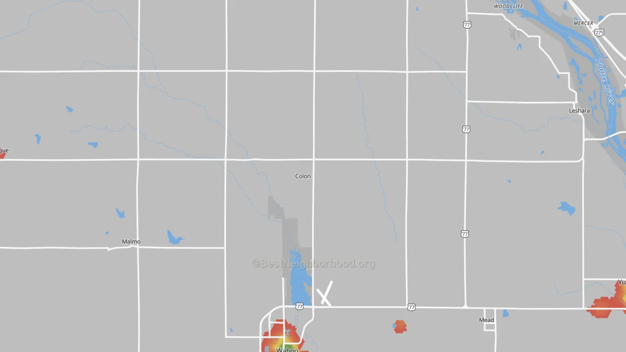 Walk Grade map of Colon, NE, walkable areas in green and car-dependent areas in red