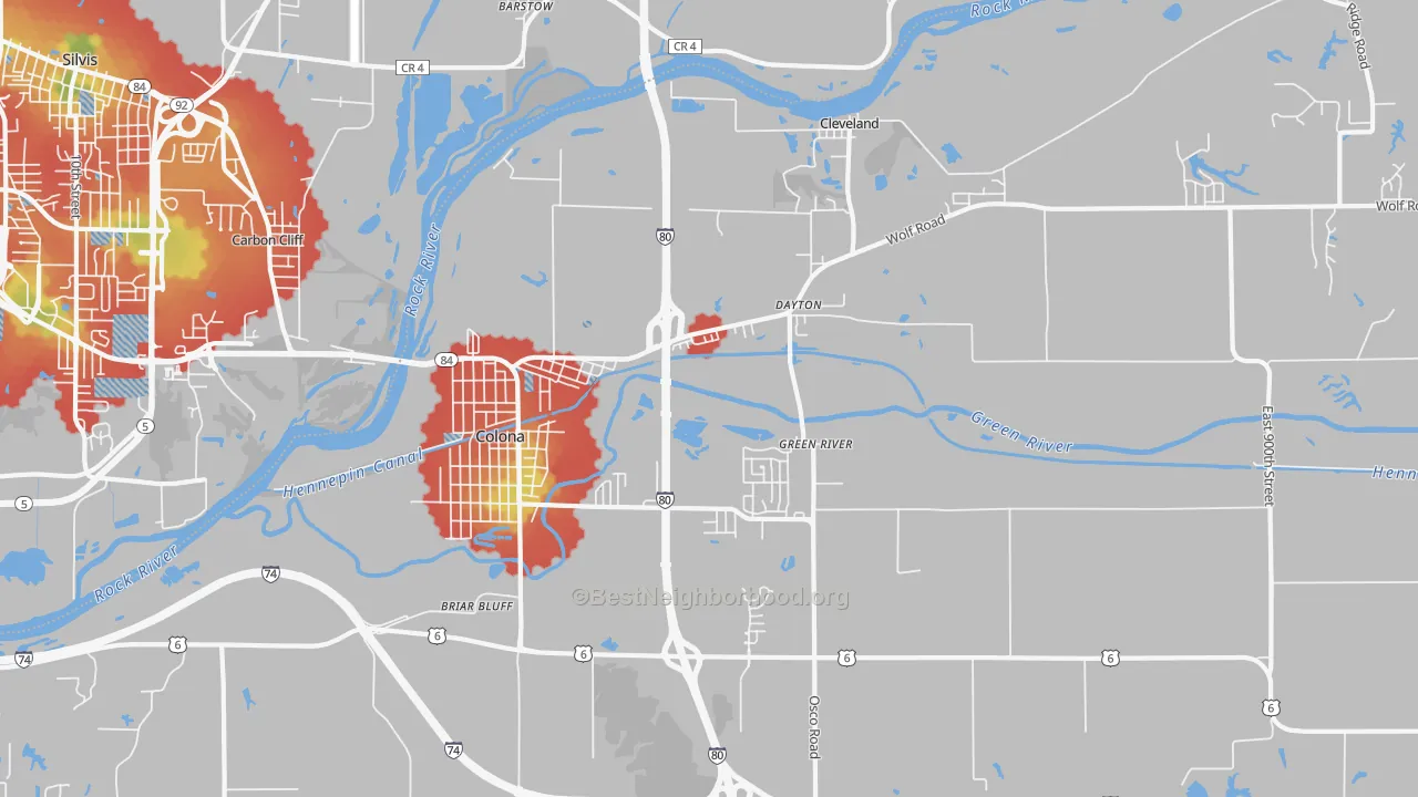 Walk Grade map of Colona, IL, walkable areas in green and car-dependent areas in red