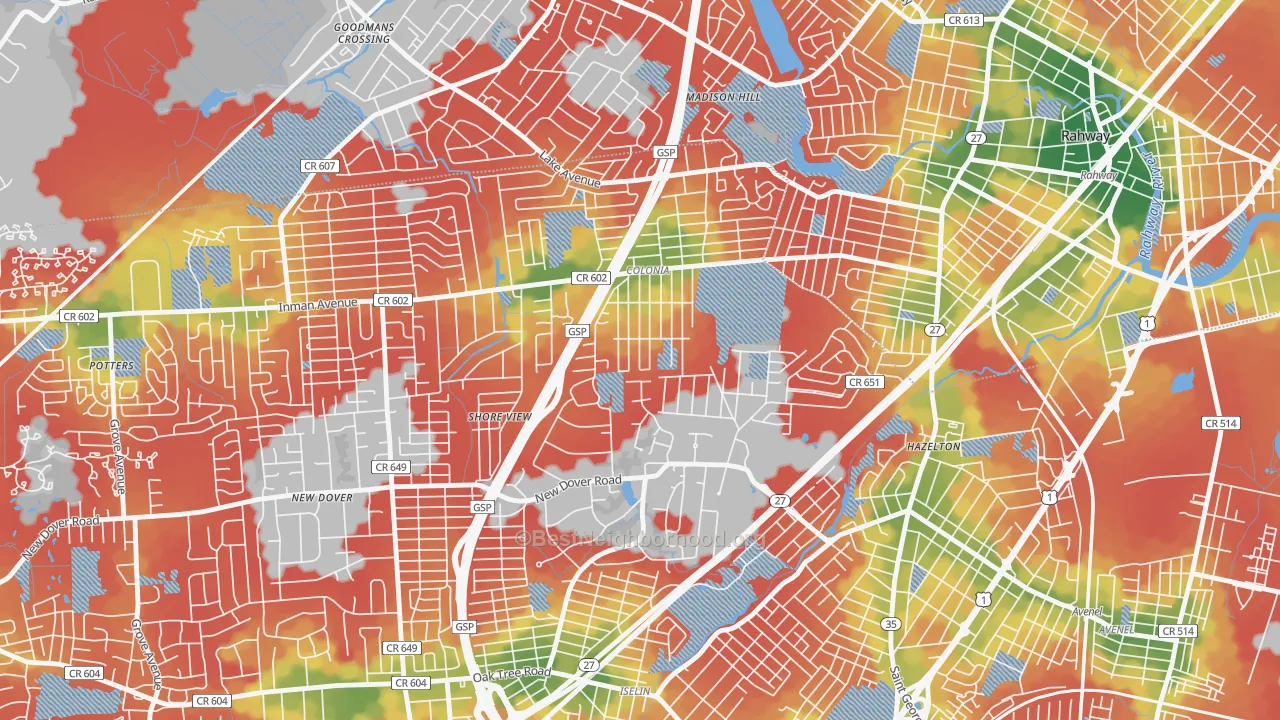 Walk Grade map of Colonia, NJ, walkable areas in green and car-dependent areas in red