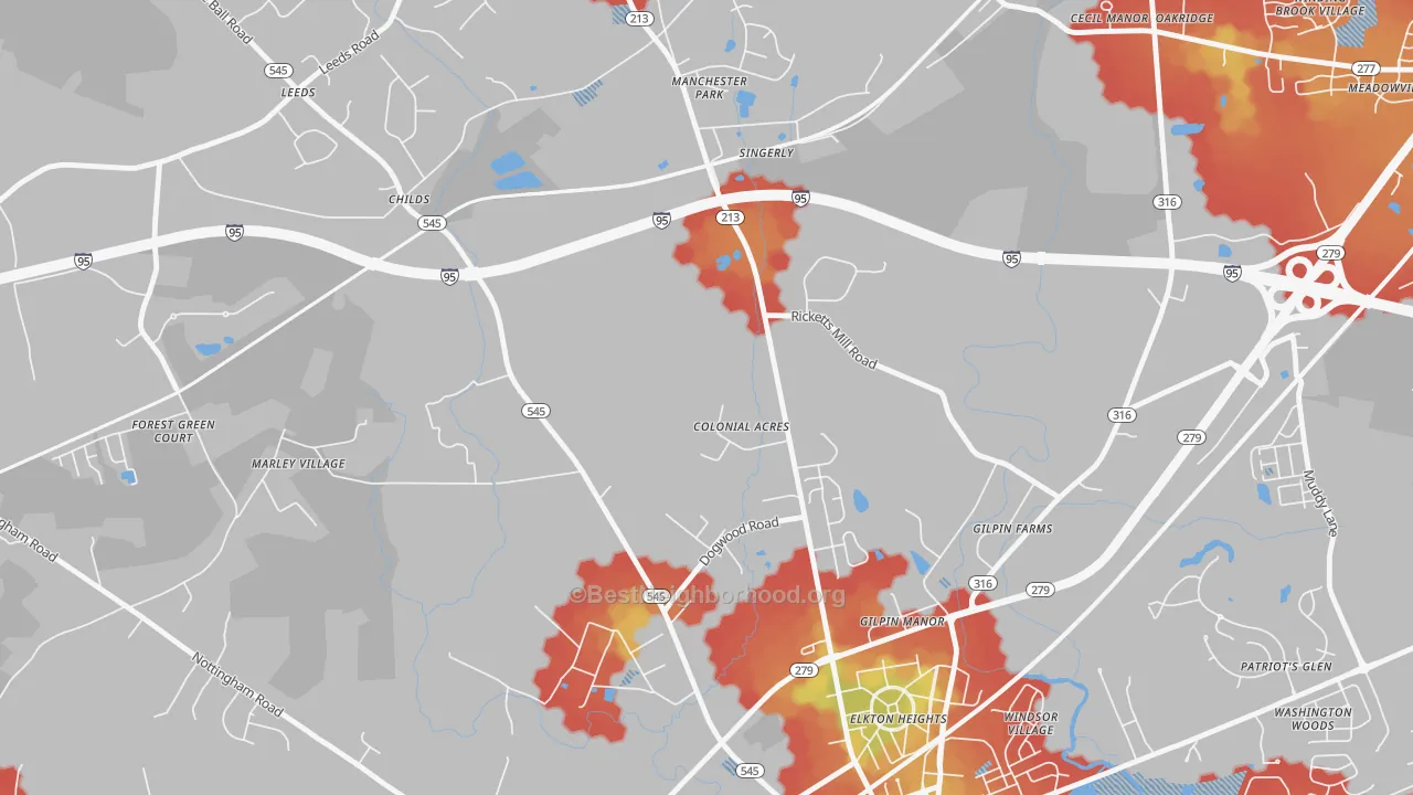 Walk Grade map of Colonial Acres, MD, walkable areas in green and car-dependent areas in red